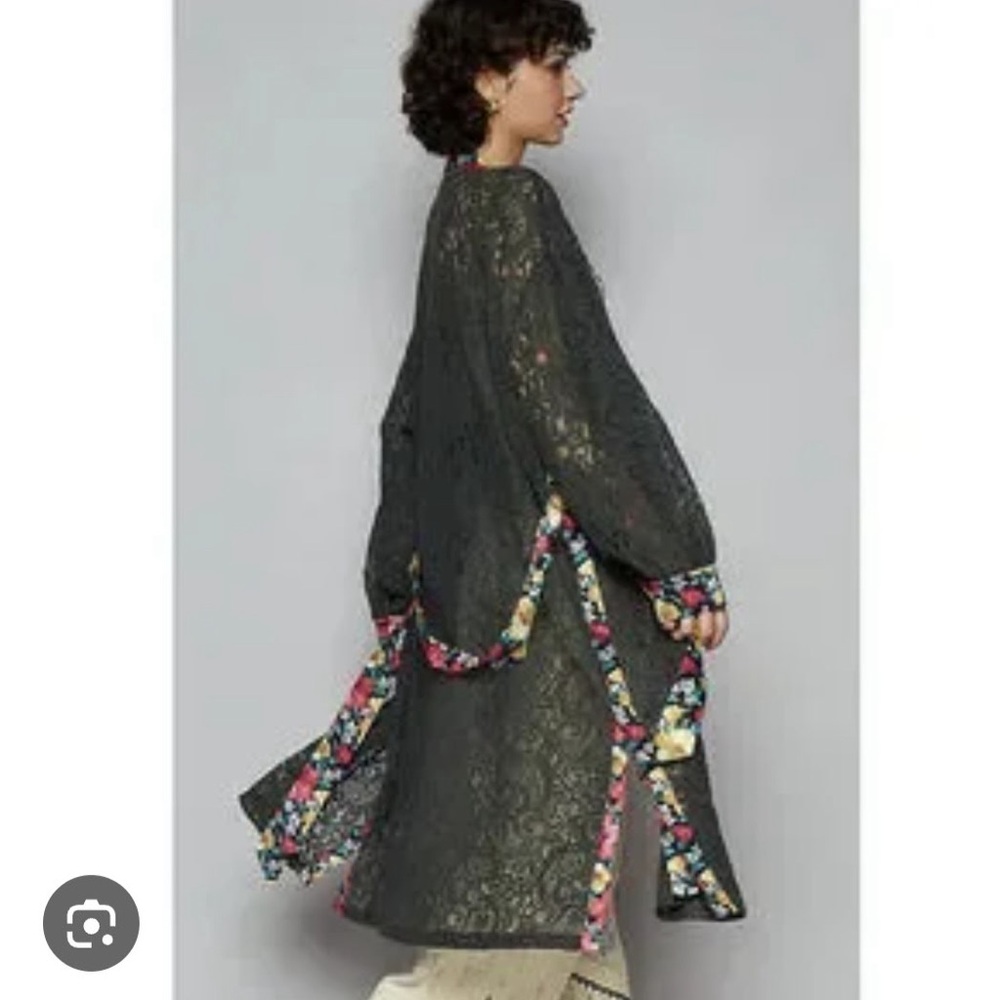 POL Lace Open Cardigan in Charcoal with Floral Trim